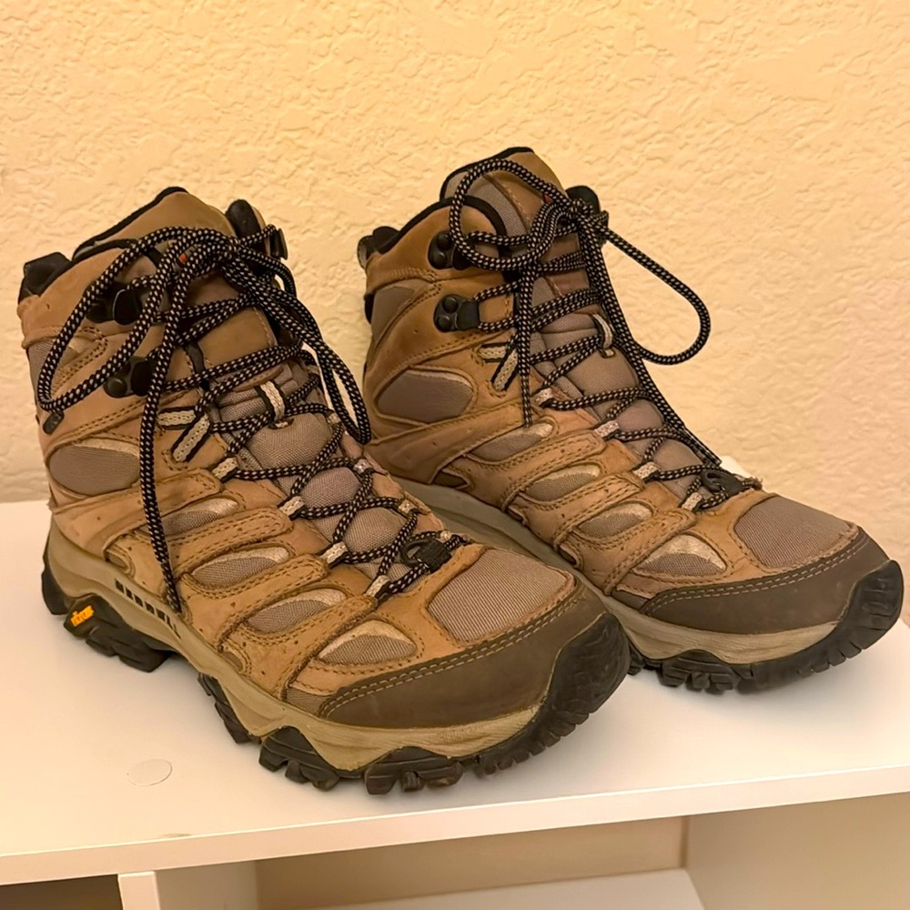 Merrell Moab 2 Mid Waterproof Hiking Boots Women 8.5 Taupe Coral J06048 Vibram